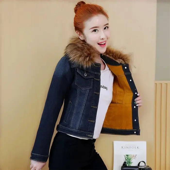 Veste en Jean polaire pour femme, manteau court à grand col en fourrure, doublure en velours épais,