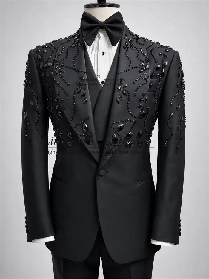 Costumes de smoking pour hommes en cristal scintillant, revers châle personnalisé, pour mariage, bla