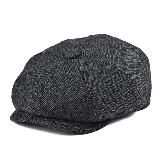 Casquette Gavroche Classique BOTVELA en Laine Tweed à 8 Panneaux Noir Motif Chevrons pour Homme, Cas