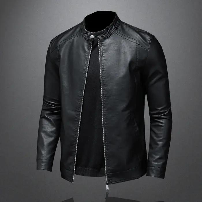 Printemps automne veste en cuir hommes col montant mince veste en cuir Pu mode Moto manteau décontra