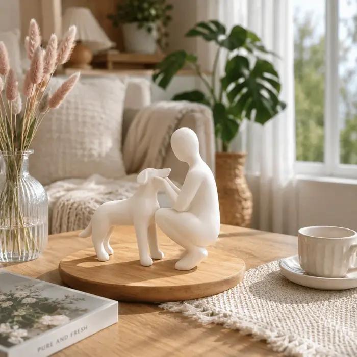 Statues de fille et de chien imprimées en 3D modernes pour décoration intérieure et collection d'animaux de compagnie pour bureau et étagère à livres