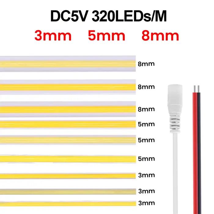 Bande lumineuse LED COB 3MM 5MM 8MM, 5V 12V, 320 diodes/M, 3000K 4000K 6000K, ruban Flexible haute d