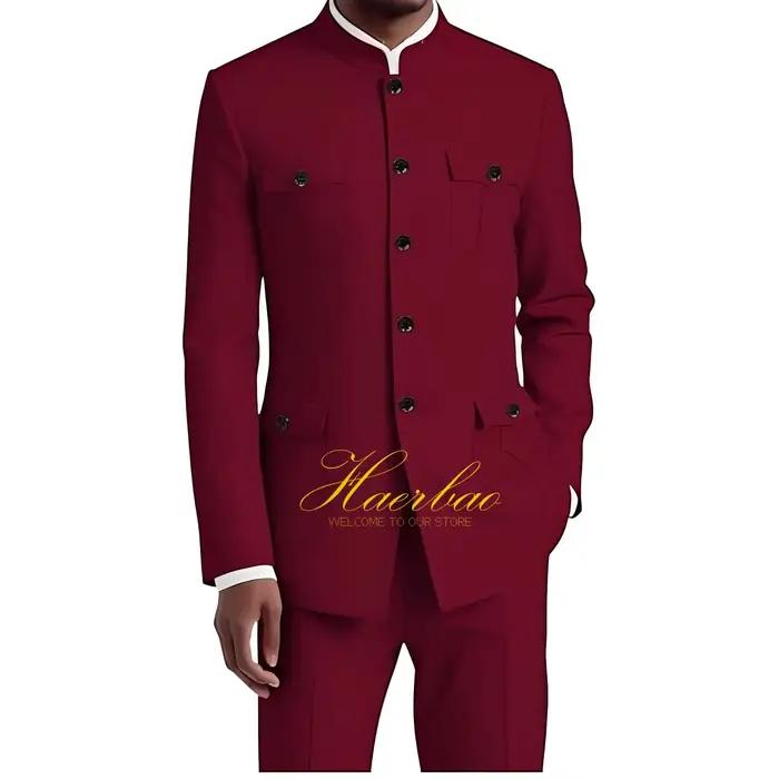 Costume chinois pour homme, ensemble formel 2 pièces, veste à col, coupe ajustée, blazer 4 poches, c