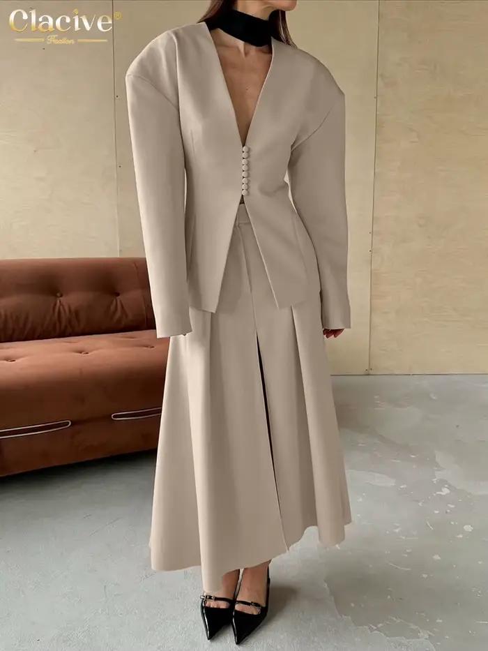 Clacive mode ample kaki bureau femmes deux pièces ensemble 2025 élégant chemise à manches longues avec taille haute fent