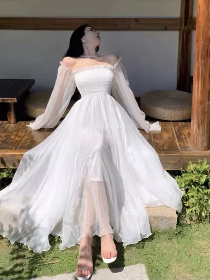 Robes de plage de vacances élégantes pour femmes, couleur unie, manches bouffantes, col Slash, épaul
