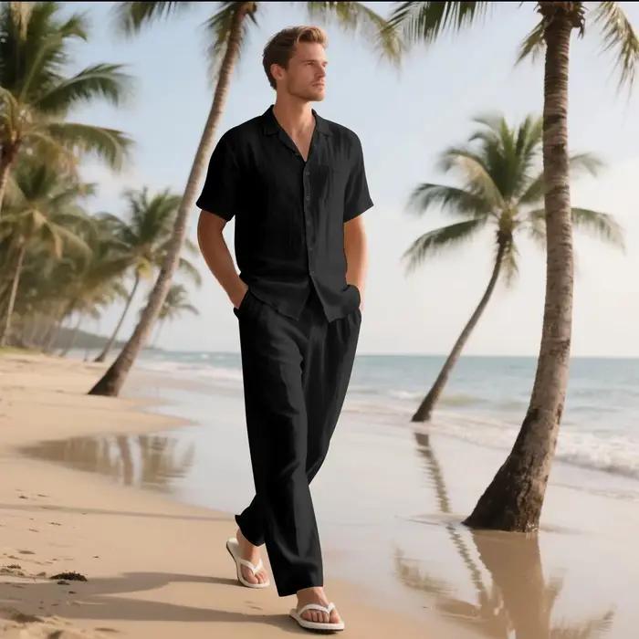 L'ensemble chemise à manches courtes en lin pour hommes Summer Beach de 2025 est un ensemble pantalon long deux pièces