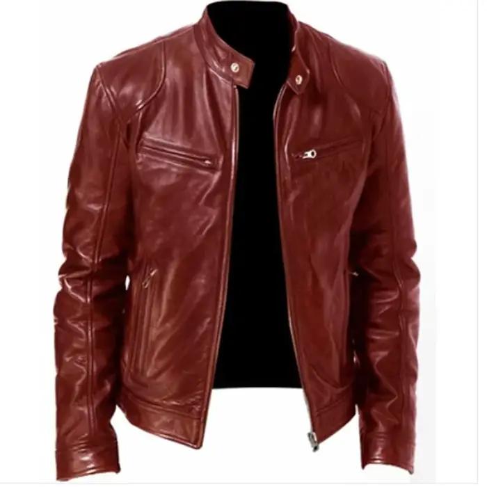 Veste en cuir PU coupe couvertes pour hommes, col montant, vestes à glissière alertes onale, revers