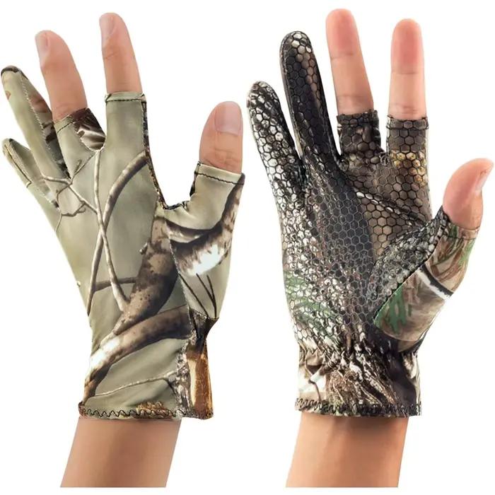 Gants de pêche camouflage mi-mains 3 doigts anti-dérapants fins pour chasse et vélo - Coupe élastique