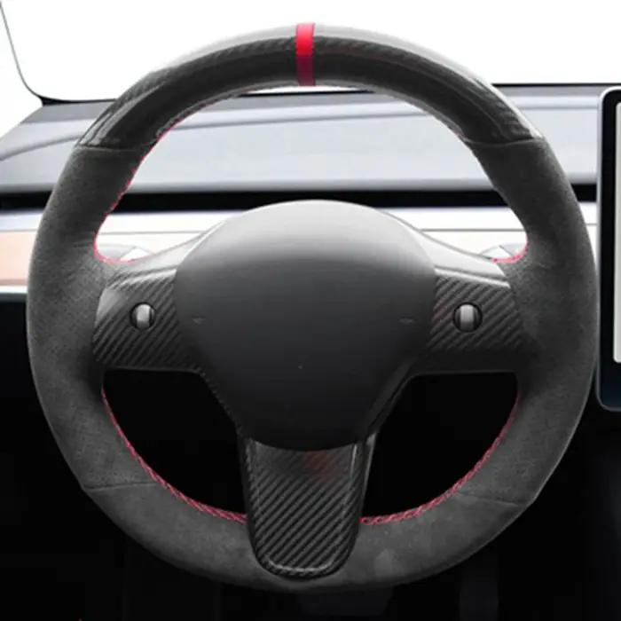 Housse de volant de voiture antidérapante, bricolage, cuir véritable, daim, tresse en cuir pour Tesl