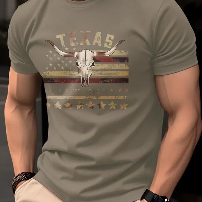 Tshirt Texas EST 1845 crâne de Longhorn imprimé drapeau américain vintage style western décontracté pour hommes coton manches courtes occasions quotidiennes