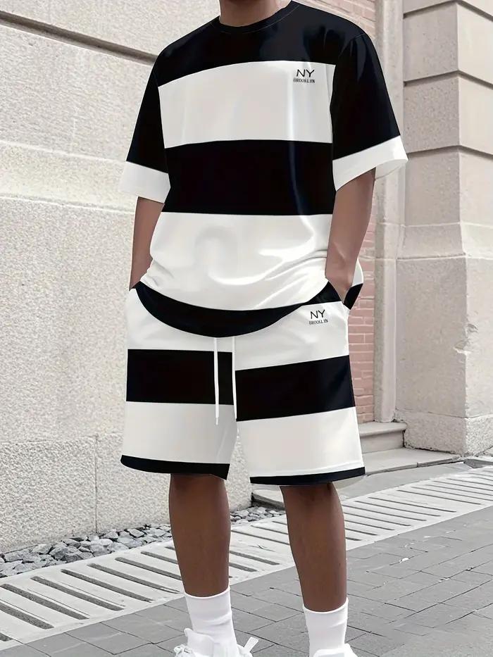 À la mode hommes été rayé imprimé micro élastique respirant col rond T-shirt ensemble short et haut en plein air décontr