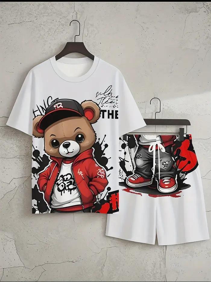 Ensemble T-shirt et short à col rond pour hommes imprimé ours en peluche doux et respirant vêtement extérieur décontracté pour homme occasions spéciales ```