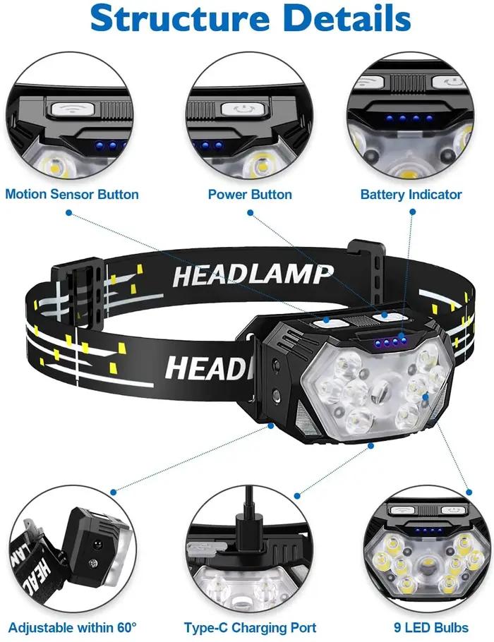 9 Led lampe frontale forte USB rechargeable capteur de mouvement phare Portable pêche Camping lampe