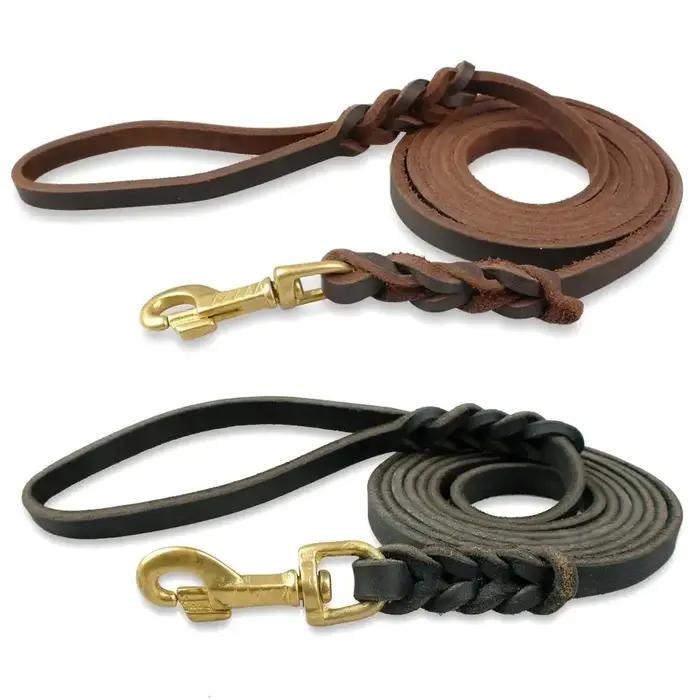 Laisse longue tressée en cuir véritable pour chiens