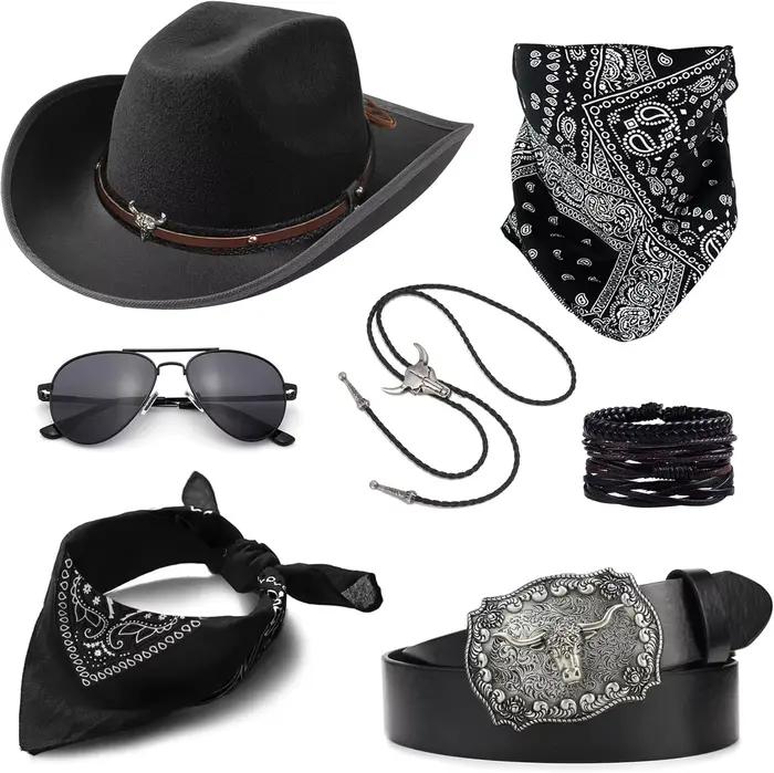 Costume de Cowboy pour hommes et femmes, chapeau de Cowboy occidental, Bolo, cravate, boucle, ceintu