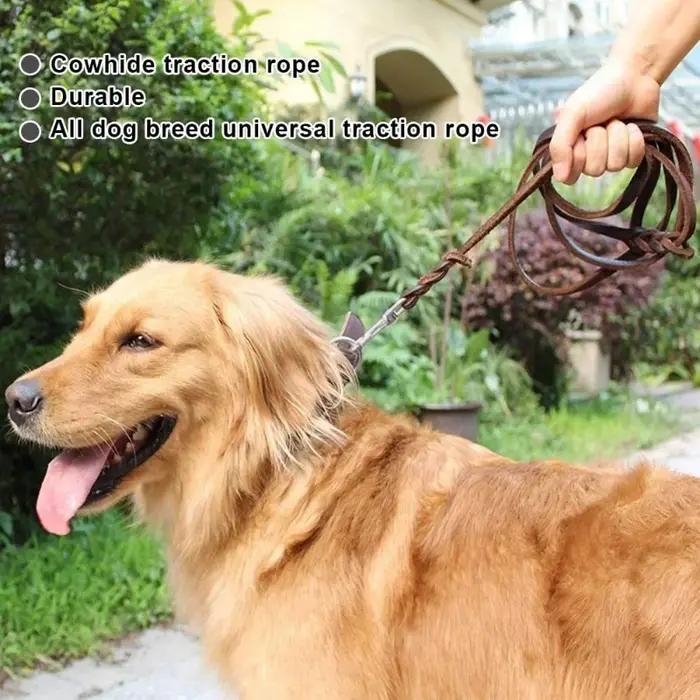 Laisse longue tressée en cuir véritable pour chiens