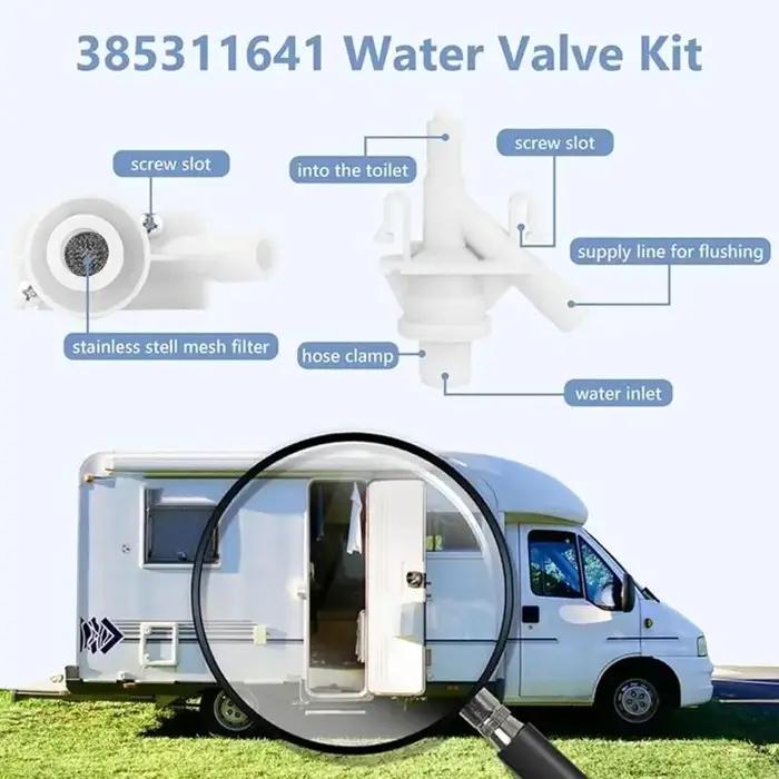 Veuve d'eau pour chasse de camping-car avec collier serrage 385311641 deux vis et deux filtres à mailles pour réparation toilettes de camping-car et remorque de voyage occasions spéciales