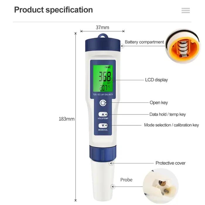 Compteur numérique PH TDS EC 5 en 1, testeur de température de salinité, conductivité, filtre à eau,