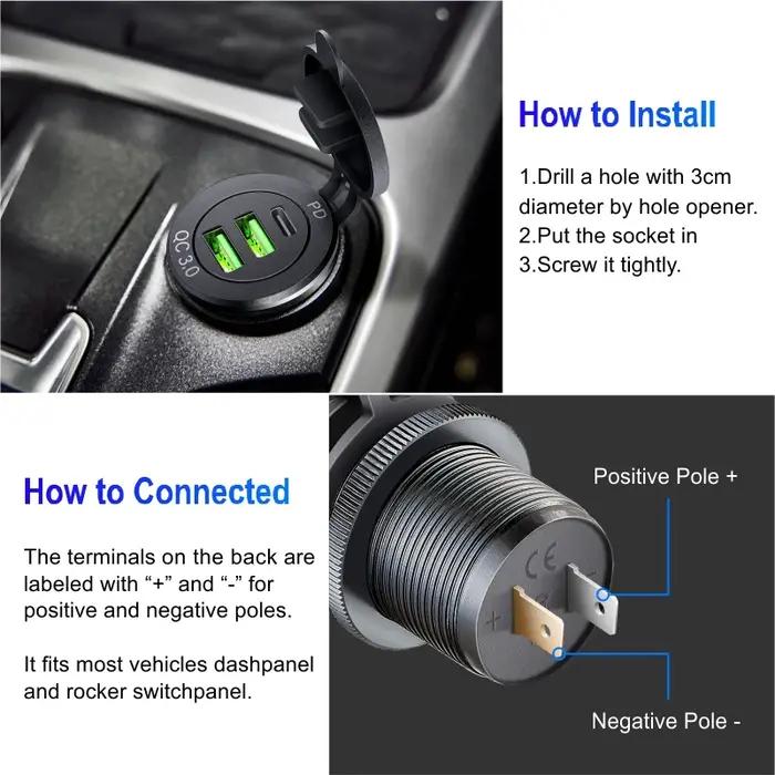 Tomada-Adaptateur de Port USB pour Voiture, Bateau, Marine, Camion, Moto, 12V, PD Type C et QC3.0