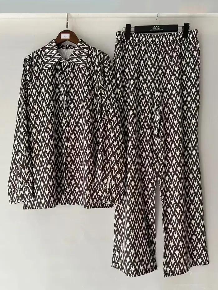 SuperAen – ensemble deux pièces pour femmes, chemise imprimée géométrique rétro, pantalon taille haute à jambes larges, ensemble à la mode