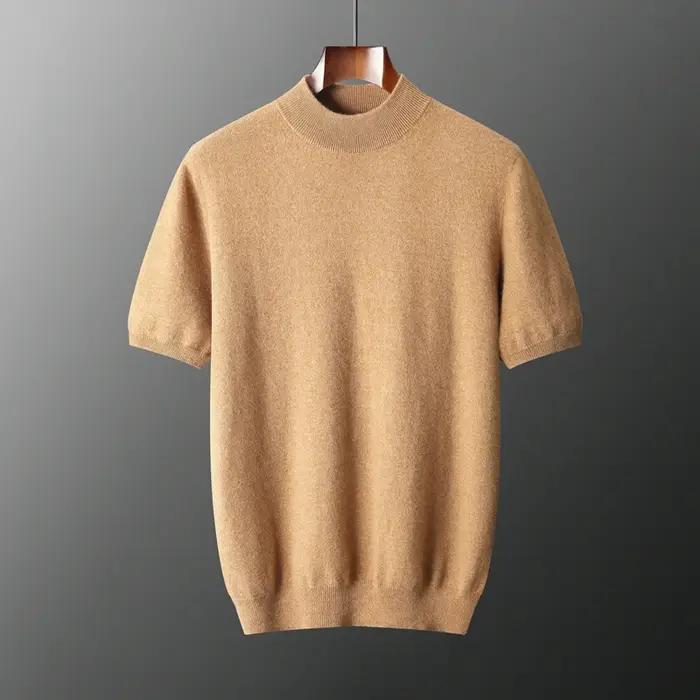 Pull à manches courtes en cachemire pur pour hommes, pull en tricot décontracté, ample, col semi-hau