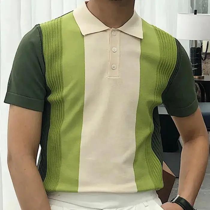 Polo à Manches Courtes en Tricot pour Homme, Vêtement de Luxe, Rétro, Boutonné, Patchwork, Mode Populaire, Business, Loisirs, Été