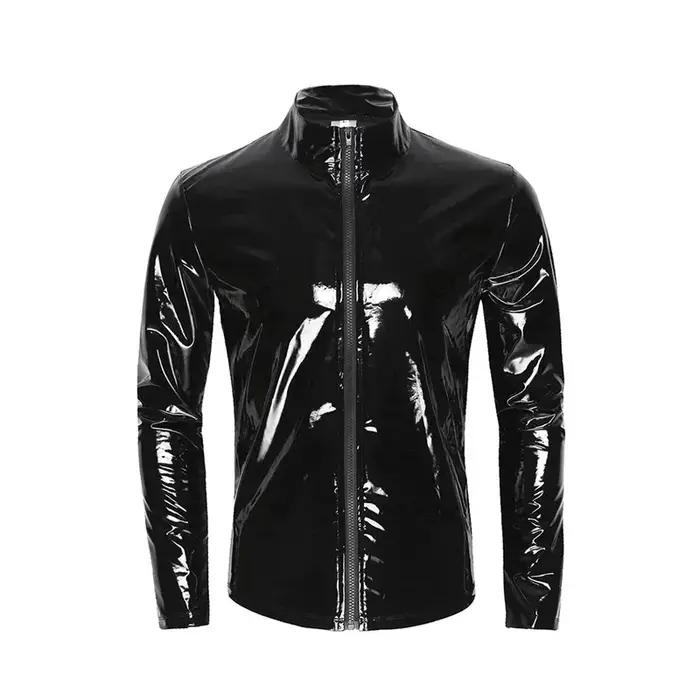 Nouveaux hommes Cardigan à fermeture éclair col montant chemise PVC brillant en cuir verni Sexy serr
