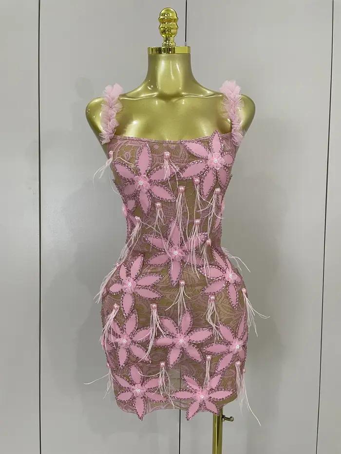 Sexy brillant diamant fleurs plumes blanc Transparent Slip robe courte soirée bal célébrer anniversaire