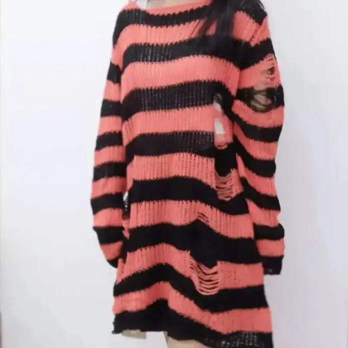 Nouveau Streetwear haut Punk gothique Long unisexe pull été femmes rayé Cool trou creux cassé
