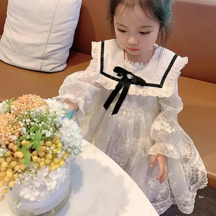Robe coréenne à fleurs Beige pour filles, avec nœud en dentelle, manches longues, décoration pour ad