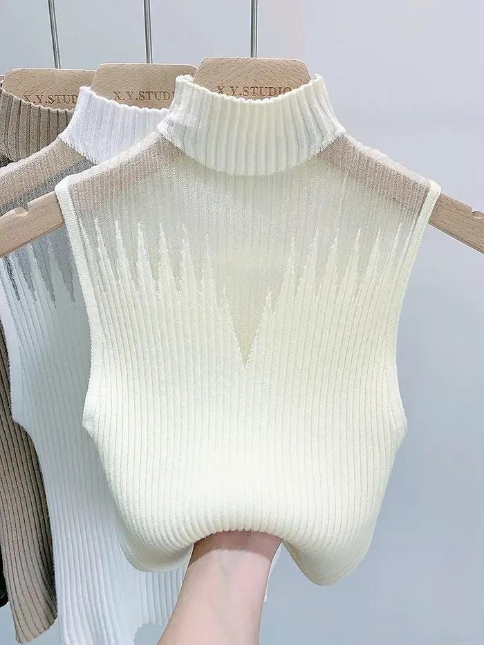 Haut tricoté en maille pour femmes, débardeur Y2K, gilet demi-cou, pull sans manches, Chic, découpé,