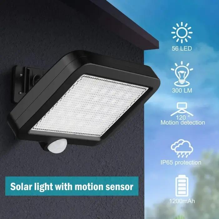Lumière solaire 56LED extérieure avec détecteur de mouvement, étanche IP65, 120 ° Angle d'éclairage,