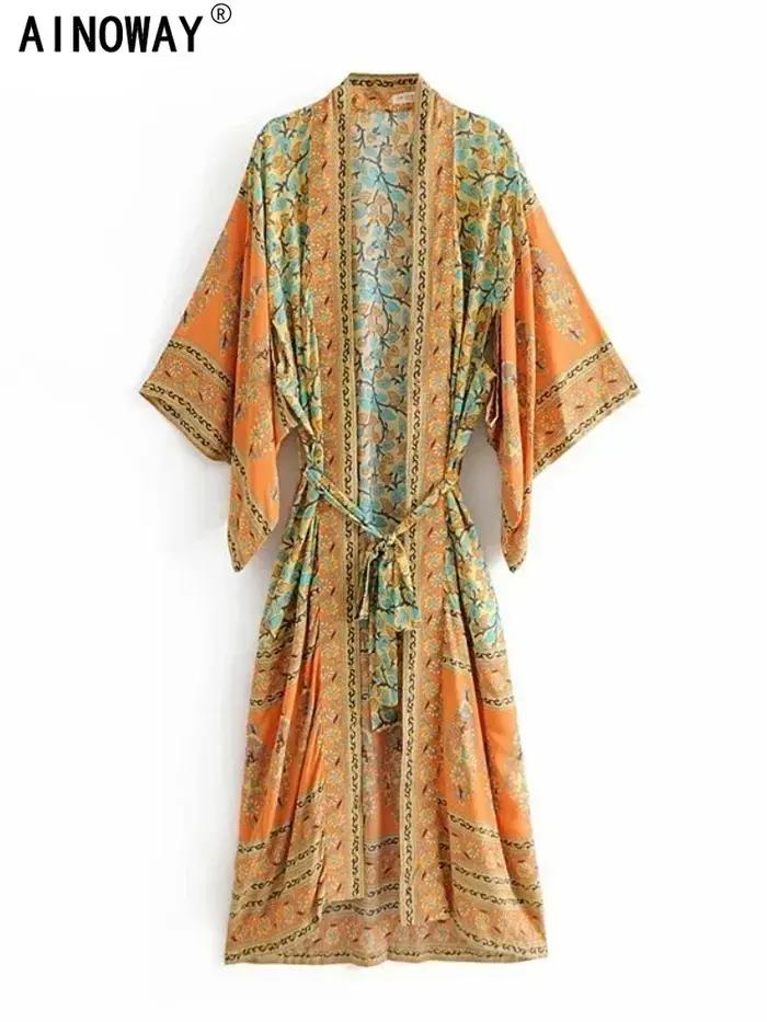 Kimono plage vintage fleuri jaune - Robe maxi manches chauve-souris - Couverture bikini bohème