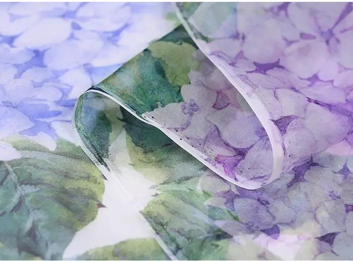 Tissu en mousseline de soie naturelle hortensia feuilles vertes peluche pour robe Tecido Tulle Seda bon marché bricolage