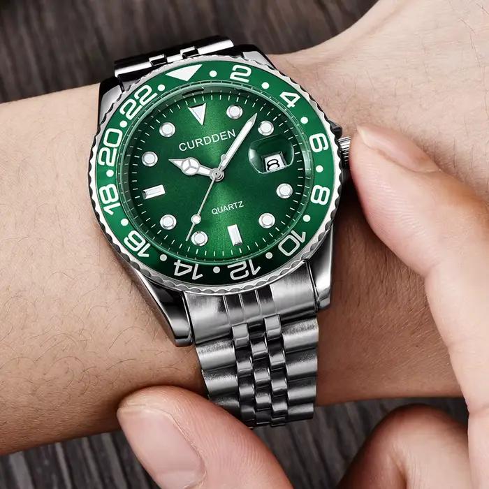 Montre homme verte acier inoxydable calendrier quartz - Montre de marque tendance 2024 pour étudiants