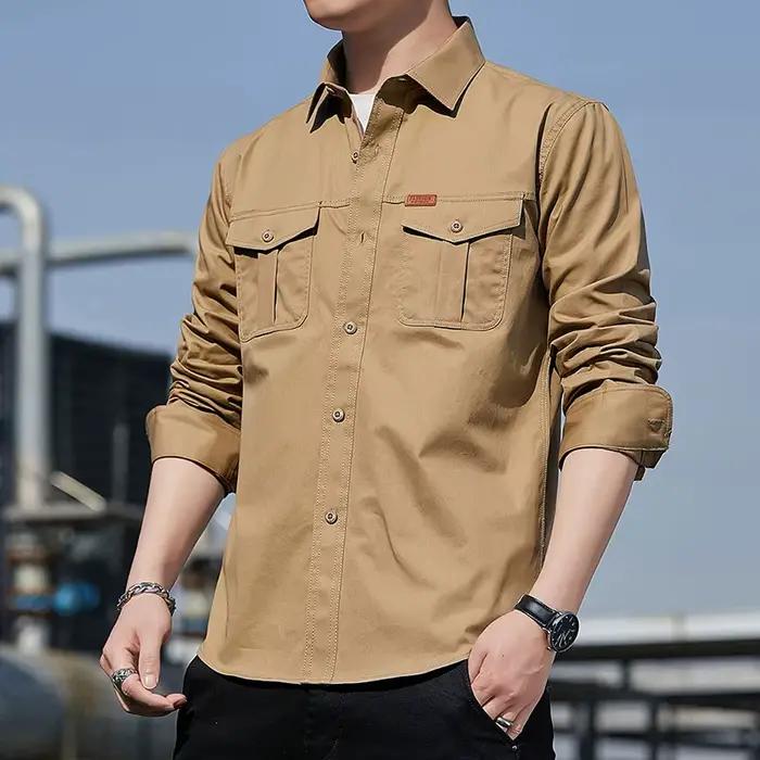 Chemise cargo homme en coton 100% style décontracté avec col rabattu pour les quatre saisons occasions quotidiennes et décontractées