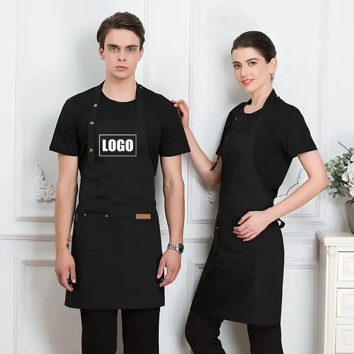 Tabliers de cuisine avec logo personnalisé pour femmes et hommes, chef de travail, restaurant, bar, boutique, café, beauté des ongles, uniforme professionnel élégant