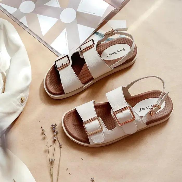 BEAU TODAY-Sandales décontractées en cuir de vache pour femmes, chaussures de sport à talons bas, fa