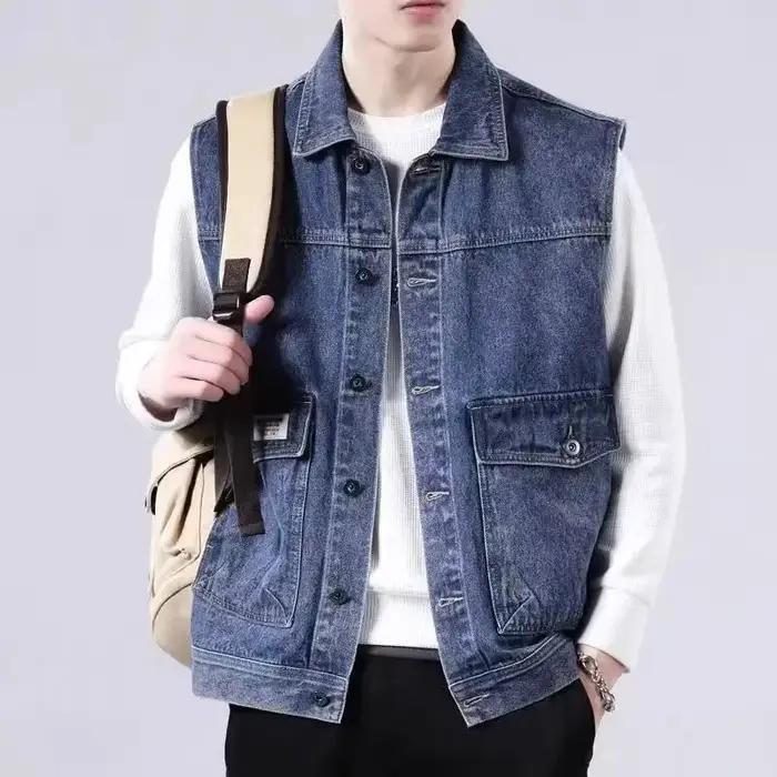 Gilet décontracté sans manches en jean rétro pour homme col en V couleurs classiques occasions quotidiennes et spéciales
