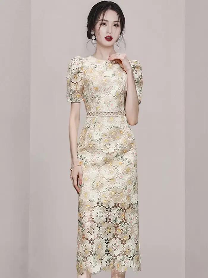 Robe fourreau en dentelle vintage pour femme, broderie florale, col rond, manches bouffantes, taille
