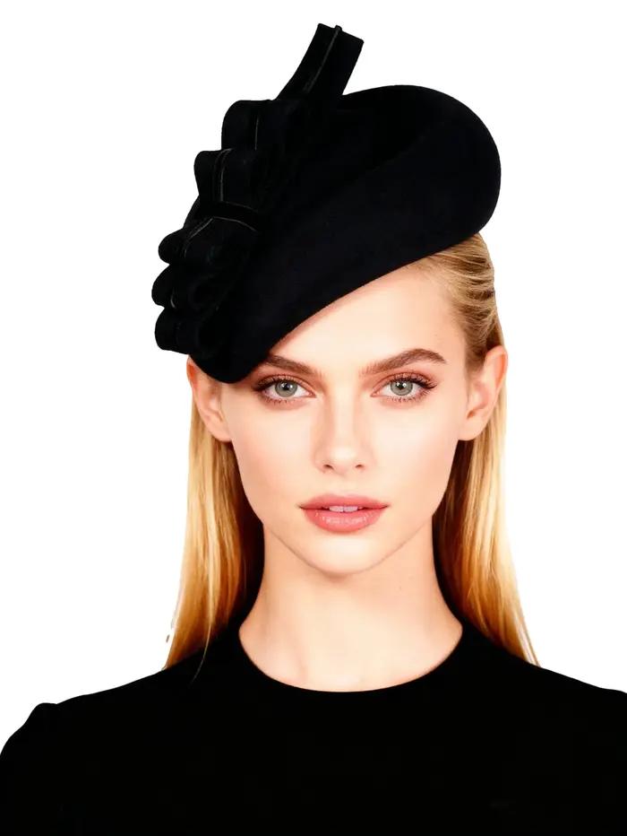 Chapeaux fascinateurs en feutre de laine noire FS élégants pour mariage, cérémonie, thé, cocktail, église avec nœud occasions spéciales femmes