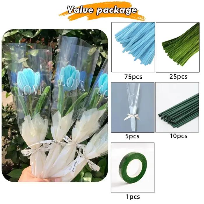Kit d'artisanat de fleurs en tiges de chenille, 100 pièces de nettoyeurs de tuyaux pour l'artisanat, artisanat créatif d'art de bricolage pour les cadeaux de fête d'anniversaire de mariage