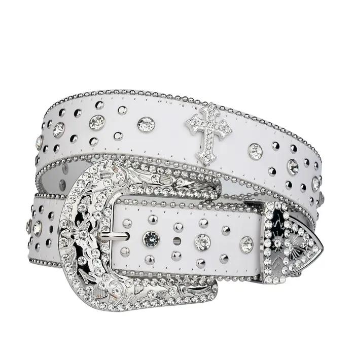 Punk strass blanc ceinture femme mâle mode western jean