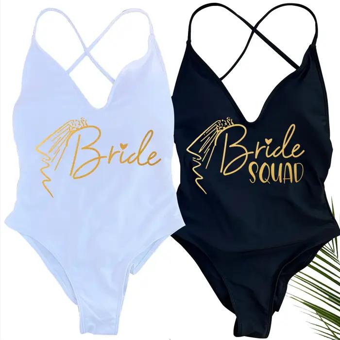 Voile rembourré une pièce maillot de bain mariée SQUAD lettre maillot de bain imprimé femmes Bikini