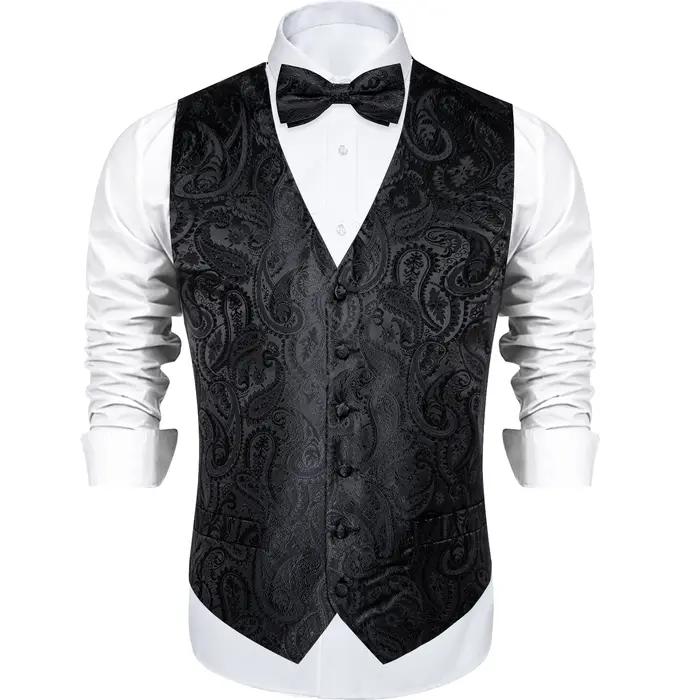 Gilet de costume Paisley noir solide pour hommes, avec cravate, nœud papillon, mouchoir, boutons de