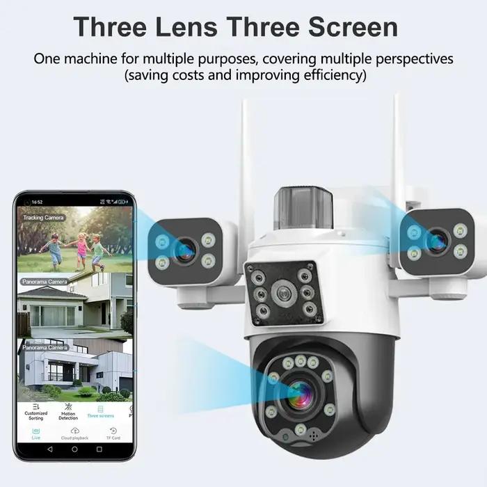 Caméra sécurité extérieure 8K 15MP 3 objectifs 3 écrans WiFi PTZ audio bidirectionnel étanche surveillance CCTV