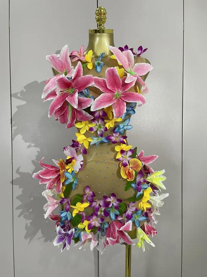 Femmes soirée robes de fête d'anniversaire fleurs colorées sans manches Sexy maille voir à travers Mini robe discothèque