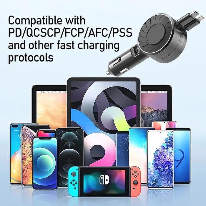 Chargeur de Voiture Rétractable 3 en 1, 100W, 50W Max, 2 Directions Rétractables et 1 Port USB, Peti