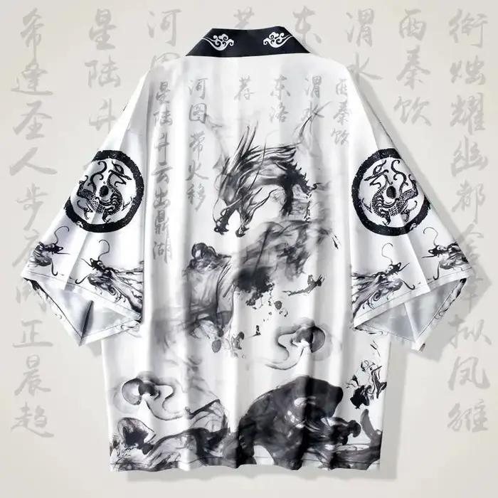 Chemise homme kimono traditionnel japonais imprimé dragon à l'encre coupe ample et confortable été décontracté