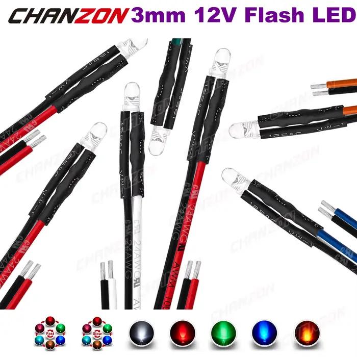 Diode LED précâblée 3mm 12V, 20 pièces, perles de lumière clignotantes, blanc, rouge, vert, bleu, ja